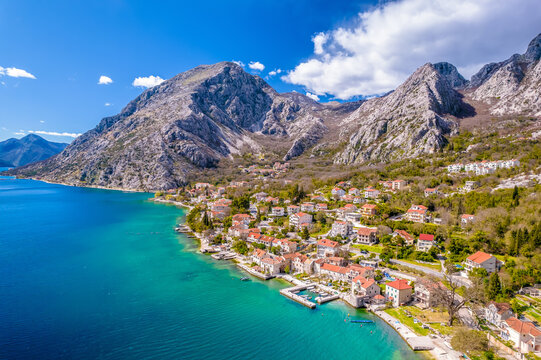 Scenic Boka Kotorska bay village of Donji Orahovac aerial view