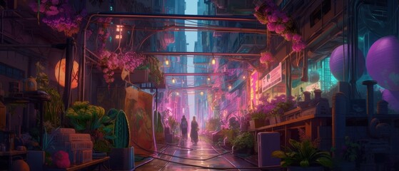 A scene from a night scene with a pink building