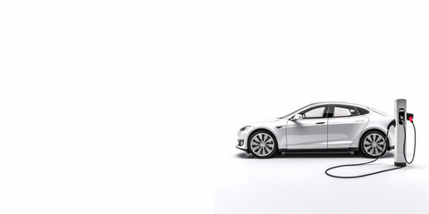 A white car with a plugged in charging station. Generative AI
