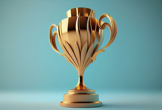 Gold trophy on pastel blue background. Generative AI