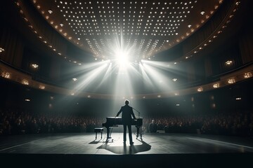 Fictional male musician on the stage in the light of spotlights made with generative AI
