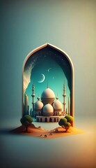 Islamic decoration background with beautiful mosque, cartoon style, ramadan kareem, mawlid, iftar, isra miraj, eid al fitr adha, muharram, copy space text area, 3D illustration.