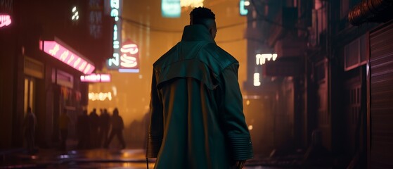 A man walks down a street in a neon city. Generative AI