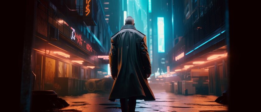 A man walks down a street in a neon city. Generative AI