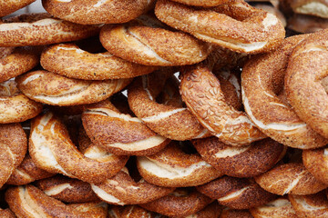 stack of many Turkish Bagel Simit 