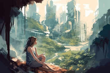  a woman meditating in a quiet place contrasted by surrounding megacity, concept to manage stress and improve self-confidence, resilience Personal Growth and Reflection, generative AI