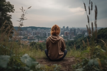 Fototapeta na wymiar a woman meditating in a quiet place contrasted by surrounding megacity, concept to manage stress and improve self-confidence, resilience Personal Growth and Reflection, generative AI