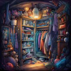 Fototapeta na wymiar Hidden World Inside a Wardrobe Fantasy Illustration
