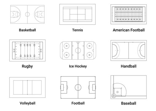 Sports team game playing fields scheme sketch top view line icon set vector illustration