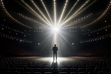 Fictional male artist on the big stage of an empty concert hall in the light of spotlights made with generative AI