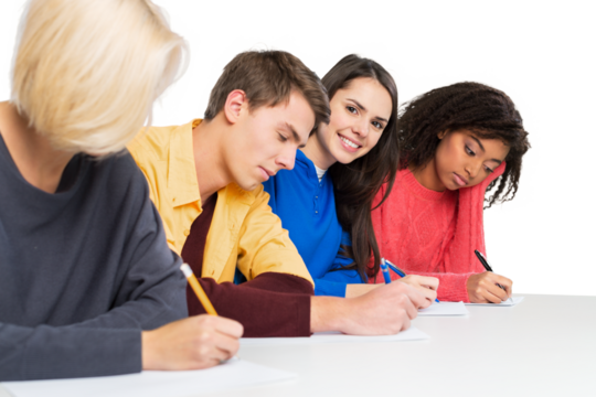 Students writing at high-school exam teens study campus academic class