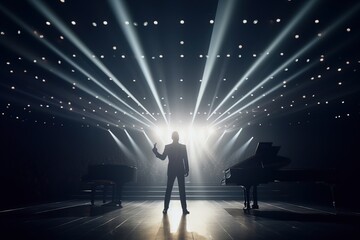 Fototapeta na wymiar Fictional musician at the piano on the big stage of a luxury concert hall made with generative AI