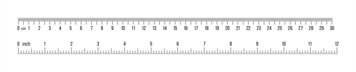Ruler 30 cm, 12 inch. Set of ruler 30 cm 12 inch. Measuring tool. Ruler scale. Grid cm, inch. Size indicator units. Metric Centimeter, inch size indicators. Vector 10 eps. - obrazy, fototapety, plakaty