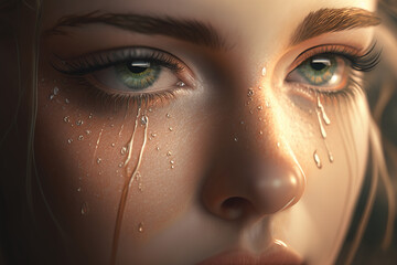 Emotional close-up of a beautiful face of a young woman with tears in her eyes. Generative AI.