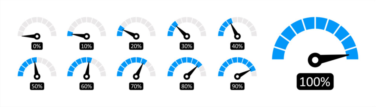 Speedometers icons set. Percentage gauge meter vector illustration 10 eps.
