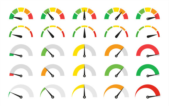 Speedometer, gauge meter icons. Vector scale, level of performance. Speed dial indicator . Green and red, low and high barometers, dashboard with arrows. Infographic of risk, gauge. Vector 10 eps.