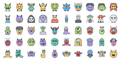 Monsters Color Line Icons Monster Icon Set in Filled Outline Style 50 Vector Icons 