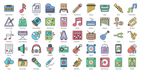Rock & Roll Color Line Icons Guitar Music Icon Set in Filled Outline Style 50 Vector Icons