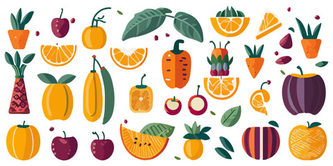 Vibrant Fruit and Vegetable Icons Vector Graphics