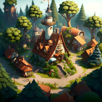 topshot of a fantasy village on the forest border cartoon pixar style 