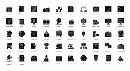 Content Creator Glyph Icons Influencer Streaming Icon Set in Glyph Style 50 Vector Icons in Black