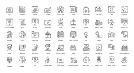 Content Creator Thin Line Icons Influencer Streaming Icon Set in Outline Style 50 Vector Icons in Black