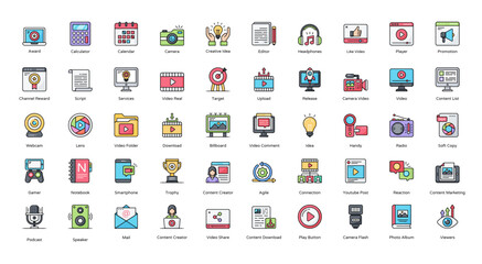 Content Creator Color Line Icons Influencer Streaming Icon Set in Filled Outline Style 50 Vector Icons