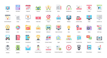 Content Creator Flat Icons Influencer Streaming Icon Set in Color Style 50 Vector Icons