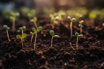 fresh evolving seedlings planted in rich soil, sustainable agriculture concept, generative AI