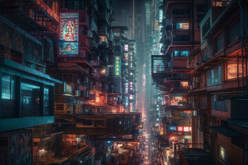 long exposure drone shot of mega city skyline at night, iluminated streets and signs, generative AI