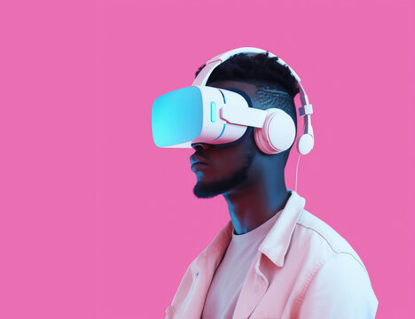 Amazed excited young african american man, wearing white high tech smart vr goggles, watching 360 degree video 0ver pink background, Generative AI