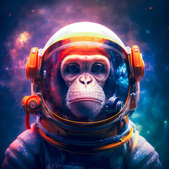 Surreal cute monkey astronaut portrait in vibrant colorful outer space. Realistic ape close-up in spacesuit-digital art. Front view. Ai generated illustration