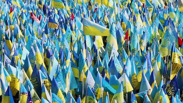 Multiple Ukrainian flags in Kyiv city center symbolizing people who were killes due to Russian agression
