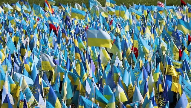 Multiple Ukrainian flags in Kyiv city center symbolizing people who were killes due to Russian agression