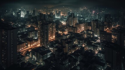 City buildings and skyscrapers at night. Downtown, city street with houses with glowing windows and dark sky. AI generated