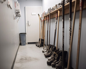 Collection of Hockey Sticks, Ready for Action, in Hallway, Generative AI
