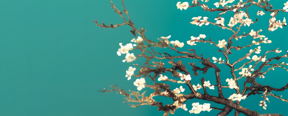 a sakura branch on teal background, In the style of van Gogh
