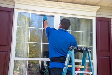 A Caucasian man on a ladder wearing blue latex gloves and listening to ear buds washing a window with a squeegee - Powered by Adobe