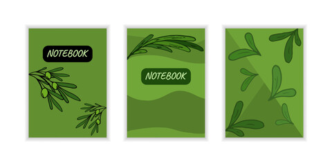 Cover notebook with olives. Templates drawing natural pattern. Leaves, olive branch, green color.