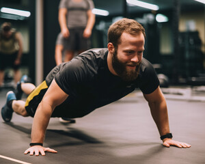 Fototapeta na wymiar Smiling Man Effortlessly Performing Push-ups, Enjoying Gym Workout, Generative AI