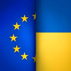 Fotobehang EU European union flag and Ukraine flag together. Ukrainian EU candidacy. Generative AI © Anastasiia