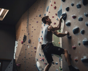 Man Engaging in Fun-Filled Indoor Wall Climbing Activity, Generative AI