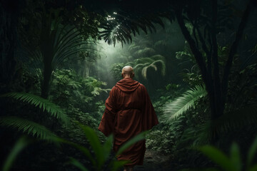 Buddhist monk meditating in the middle of nature. Generative AI - obrazy, fototapety, plakaty