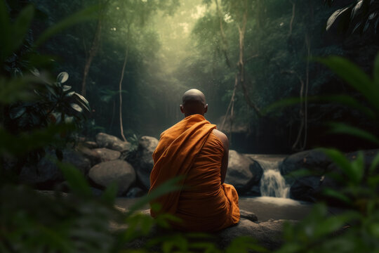 Buddhist monk meditating in the middle of nature. Generative AI