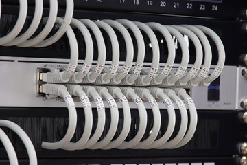 An Ethernet cable with an RJ45 connector connected to a socket in network equipment.