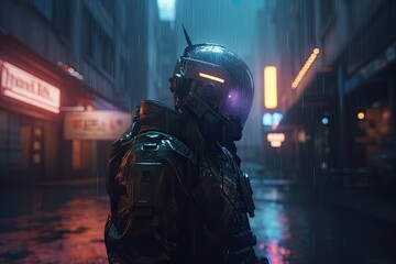 Cyberpunk soldier city patrol - 3D illustration of science fiction military robot warrior patrolling nighttime in the heavy rain. Generative AI