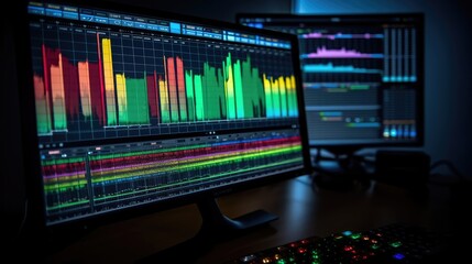 Colored sound waves on the monitors. Equalizer waves. AI generated
