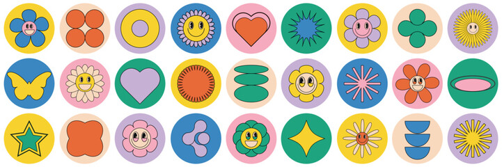 A set of stickers with playful colors, abstract shapes and geometric shapes in a trendy cartoon retro style of the 90s.