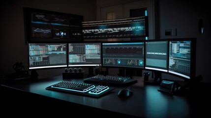 Fototapeta premium Monitors in the office with the image of data analytics, close-up. Data analytics and analysis. AI generated