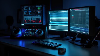 Monitors in the office with the image of data analytics, close-up. Data analytics and analysis. AI generated